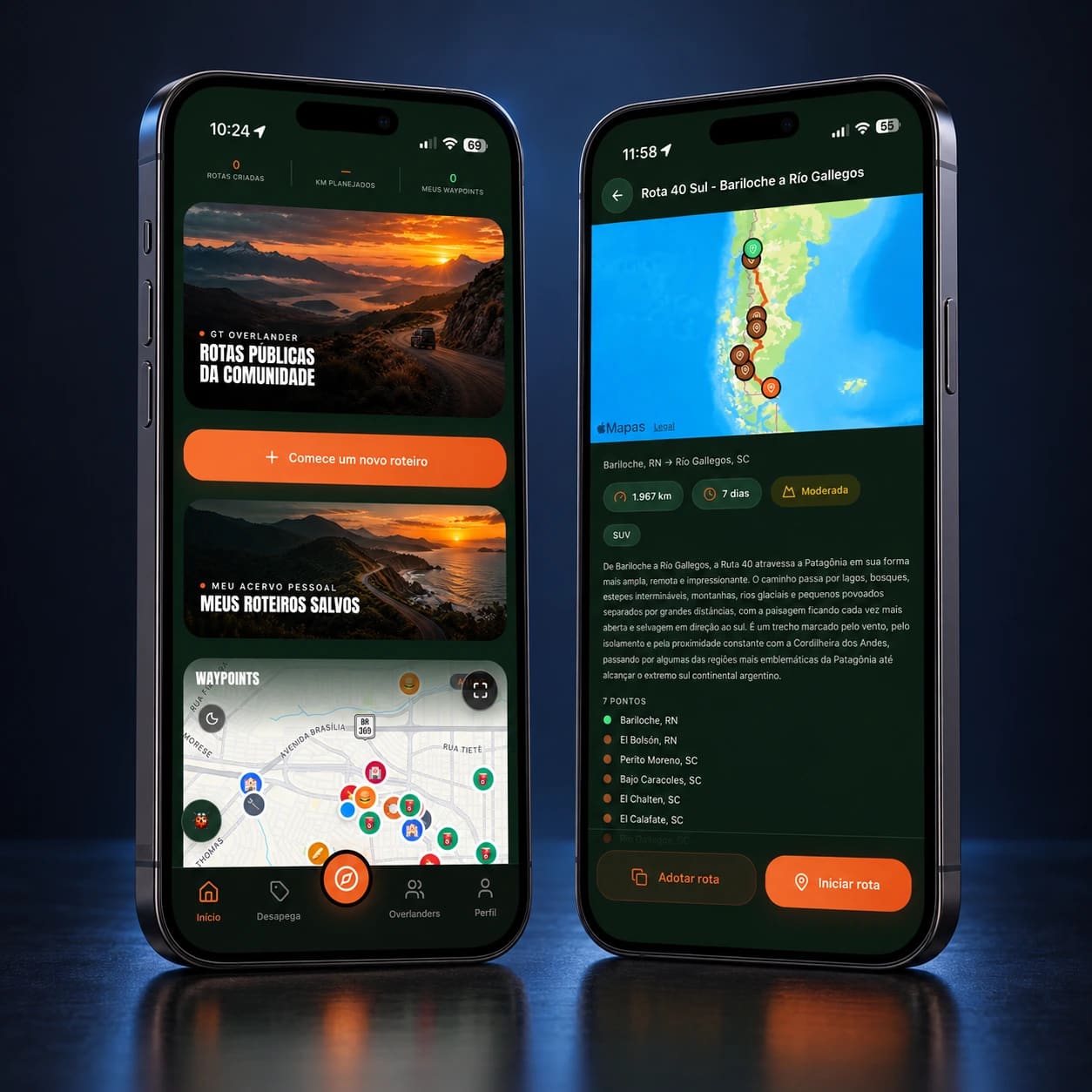Mockup do aplicativo GT Overlander em smartphones completos, para apresentação no celular.