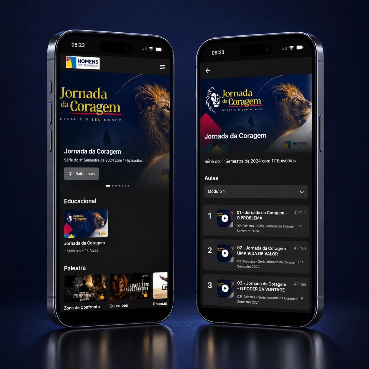 Mockup do aplicativo Homens com Propósitos em smartphones completos, para apresentação no celular.
