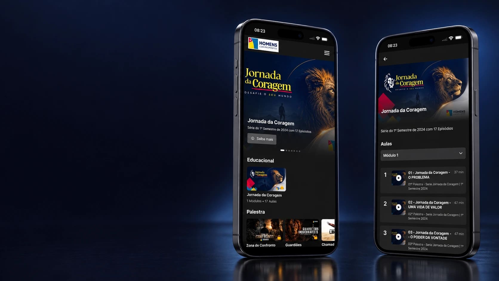Mockup do aplicativo Homens com Propósitos em dois smartphones, a partir das telas oficiais.