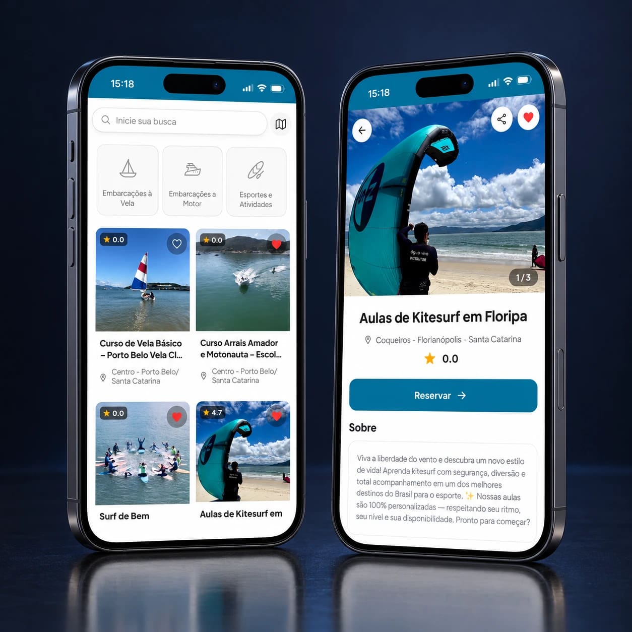 Mockup do aplicativo Mar Aberto em smartphones completos, para apresentação no celular.