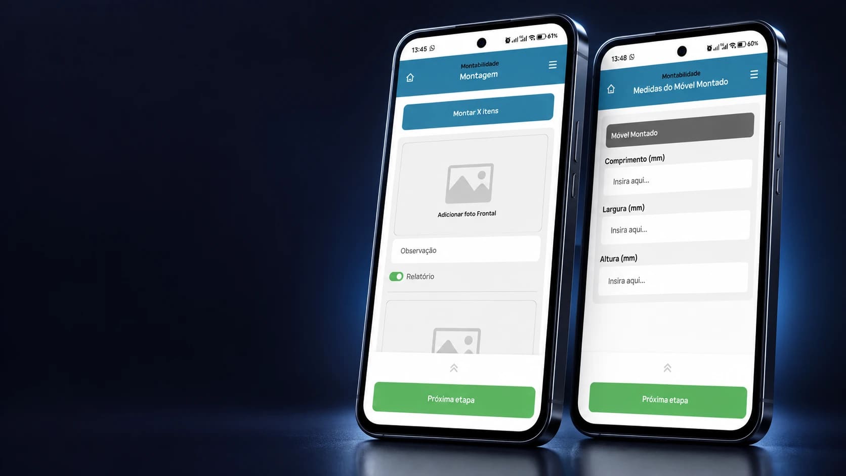 Mockups do app de inspeção Ideker, com campos vazios.