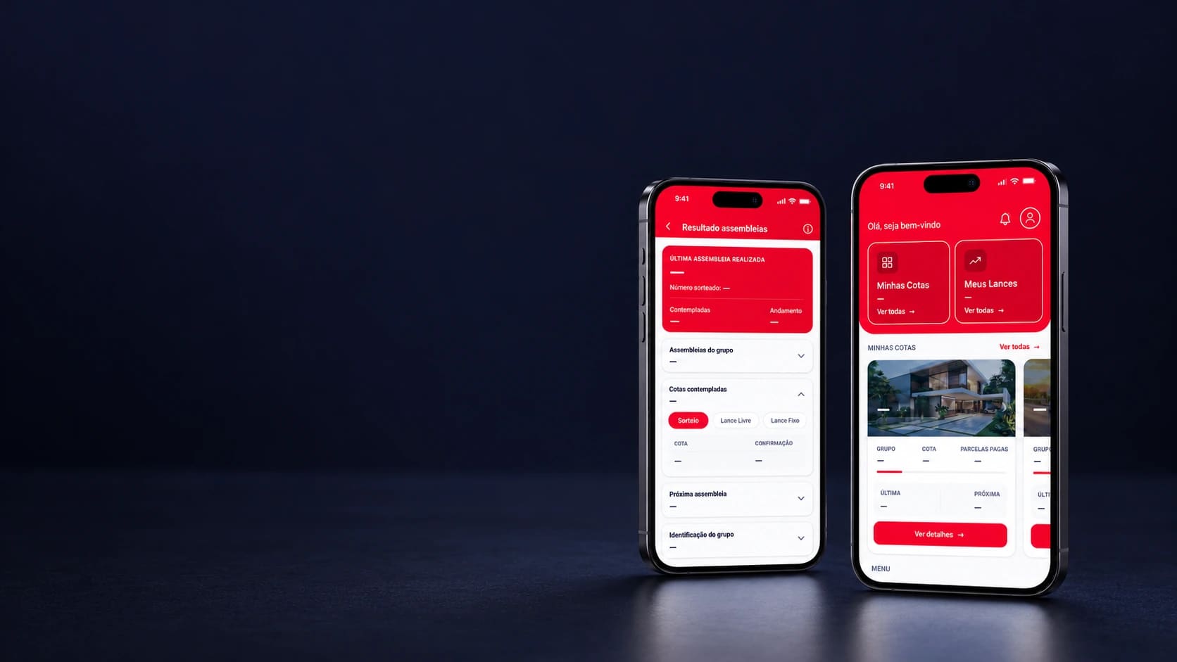 Mockup do aplicativo MAPFRE Consórcios, com dados de conta ocultados.