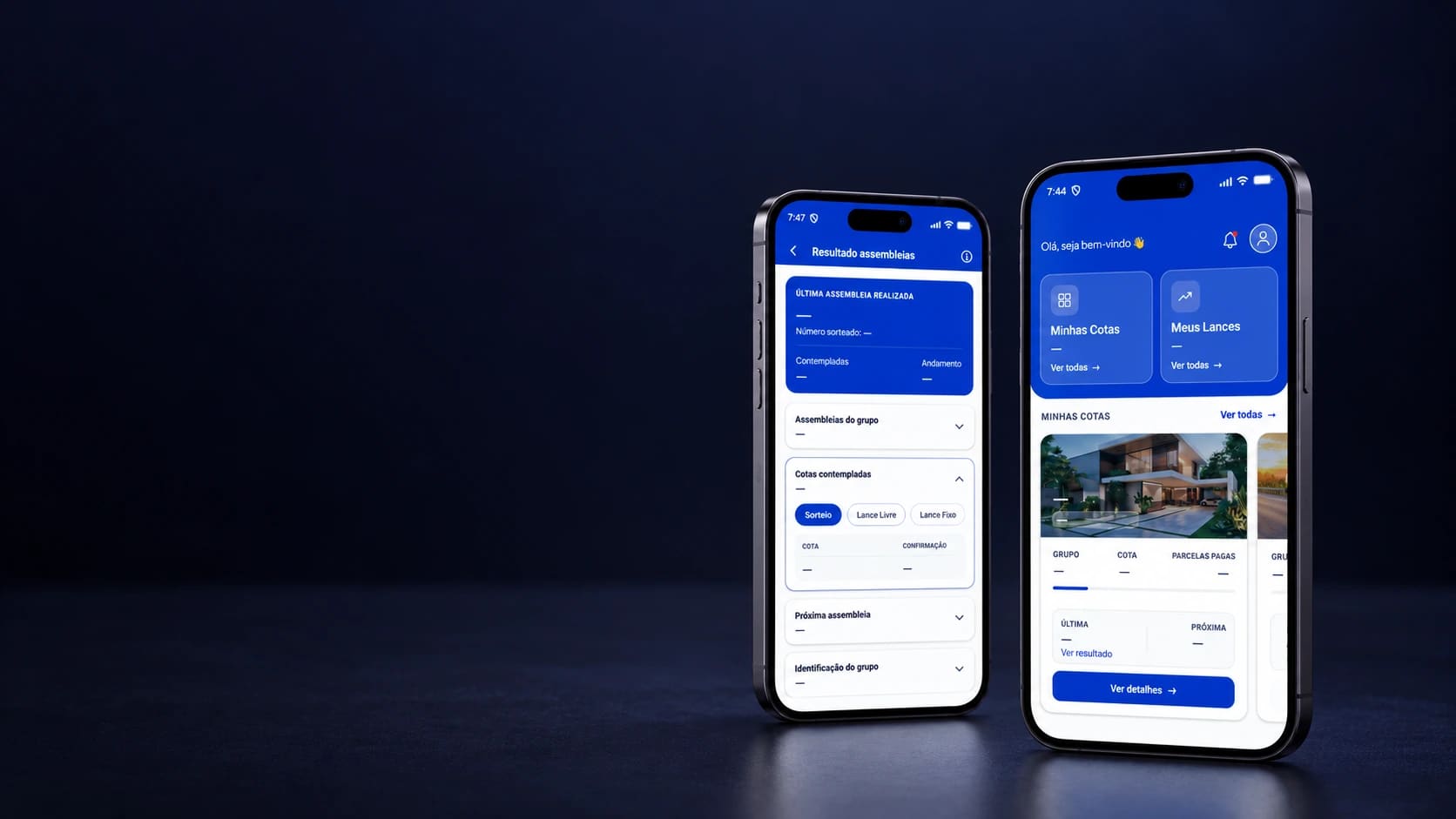Mockup do aplicativo Consórcio União, com dados de conta ocultados.