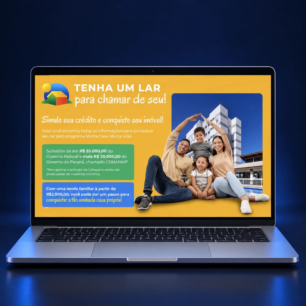 Mockup da landing page Oportunidades MCMV em notebook completo, em composição para celular, a partir da página real fornecida.