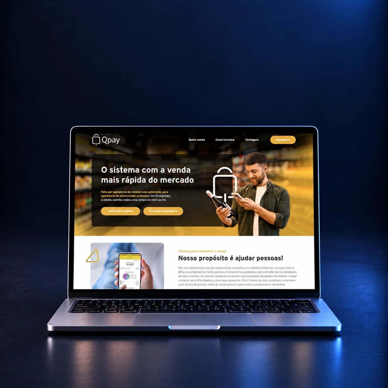 Mockup da landing page QPay em notebook completo, em composição para celular, a partir da página real fornecida.