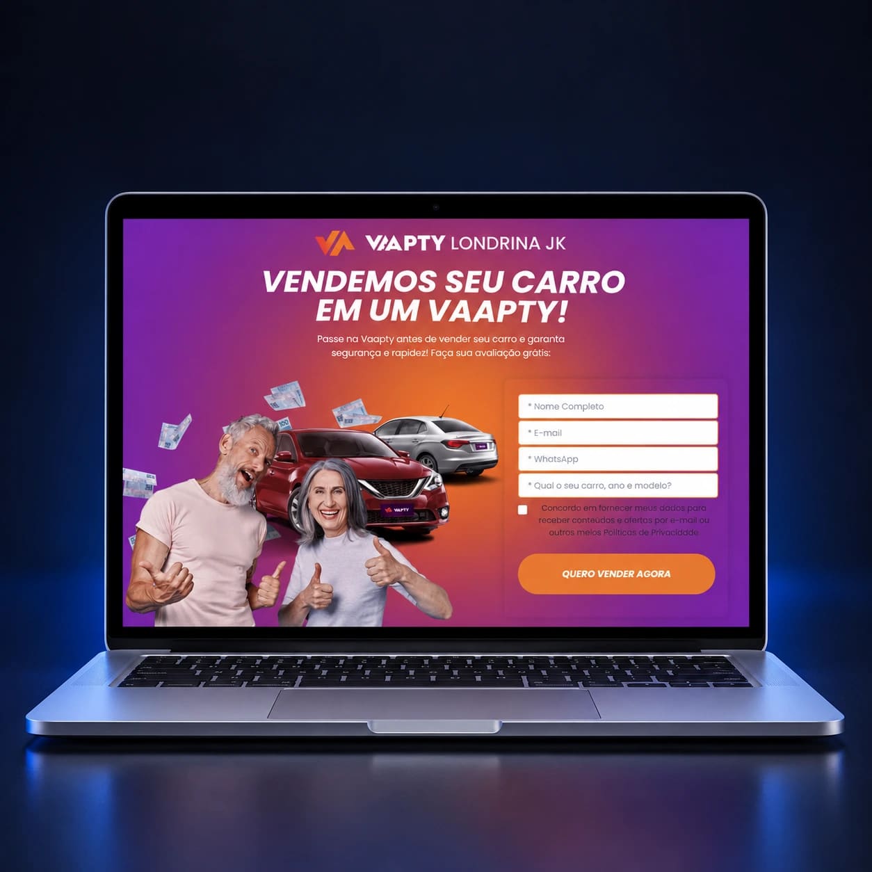 Mockup da landing page Vaapty Londrina em notebook completo, em composição para celular, a partir da página real fornecida.