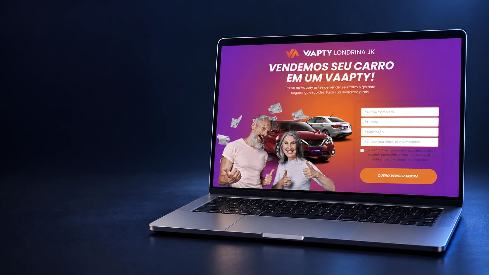 Mockup da landing page Vaapty Londrina em notebook completo, a partir da página real fornecida.