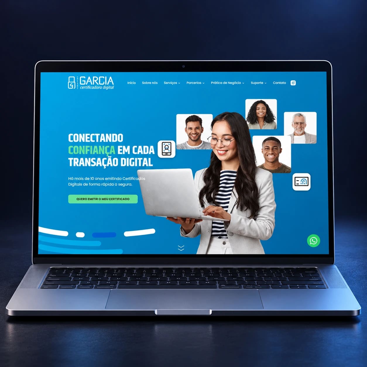 Mockup do site Garcia Certificadora em notebook completo, em composição para celular.