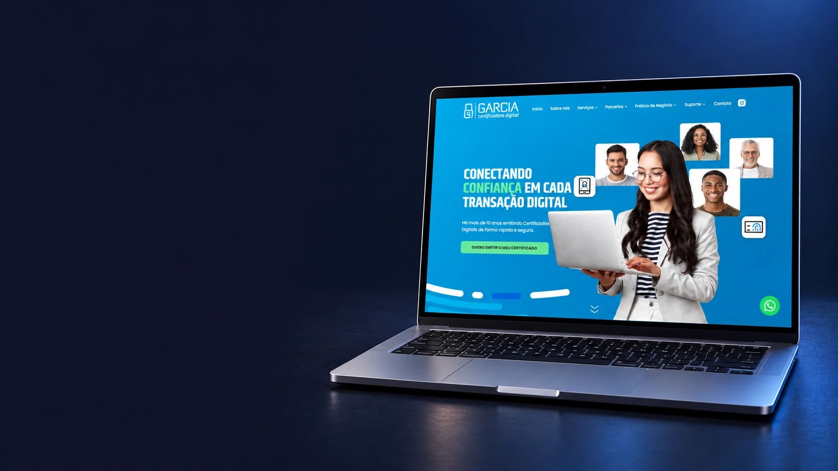 Mockup do site Garcia Certificadora em notebook completo, a partir da página real selecionada.