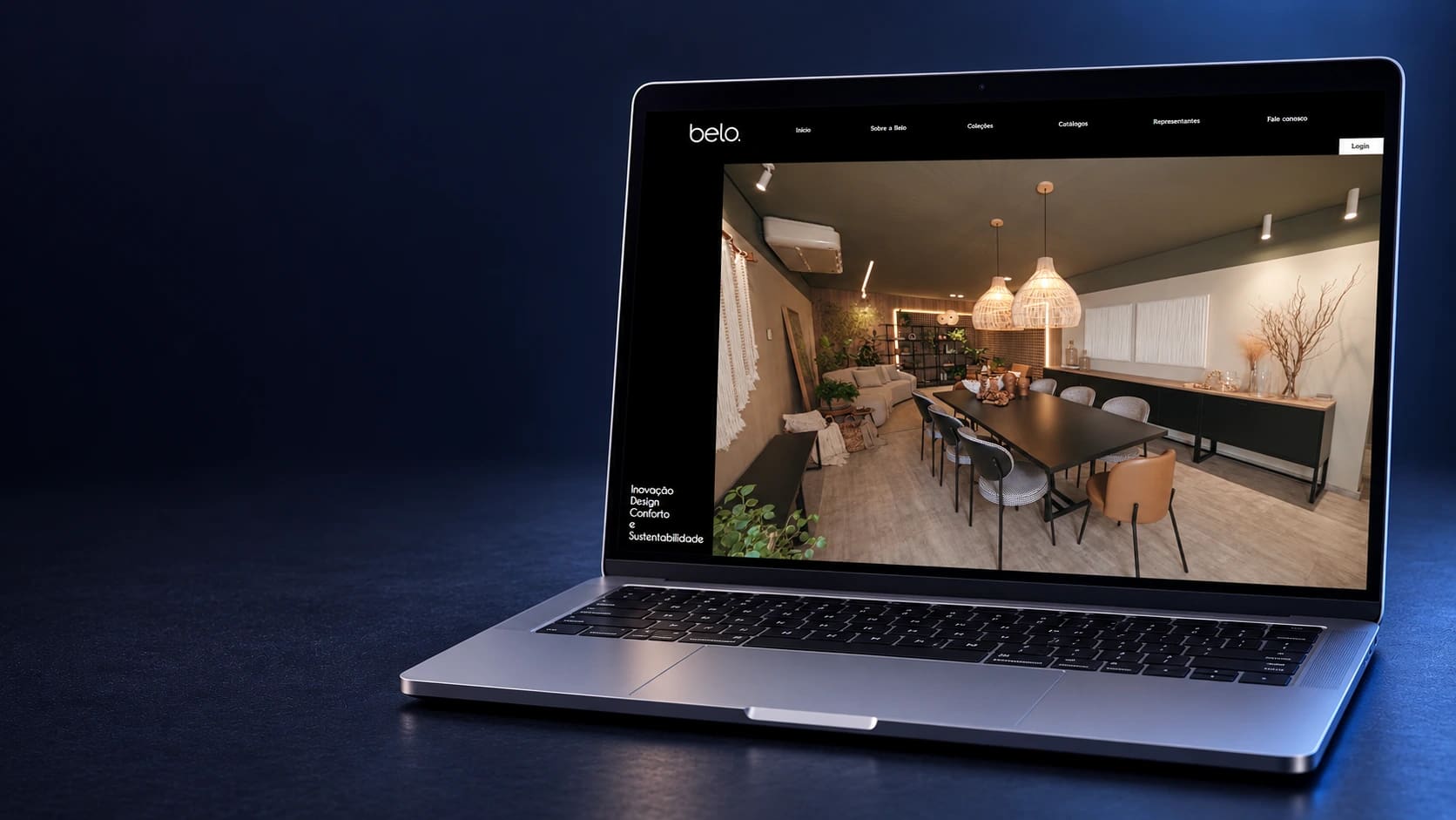 Mockup do site Móveis Belo em notebook completo, a partir da página real selecionada.