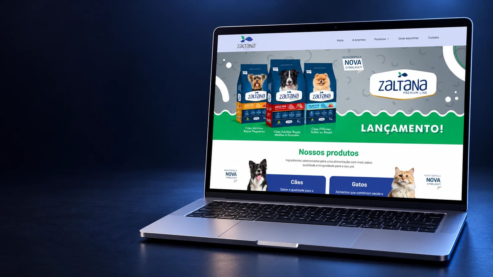 Mockup do site Zaltana Pet em notebook completo, a partir da página real selecionada.