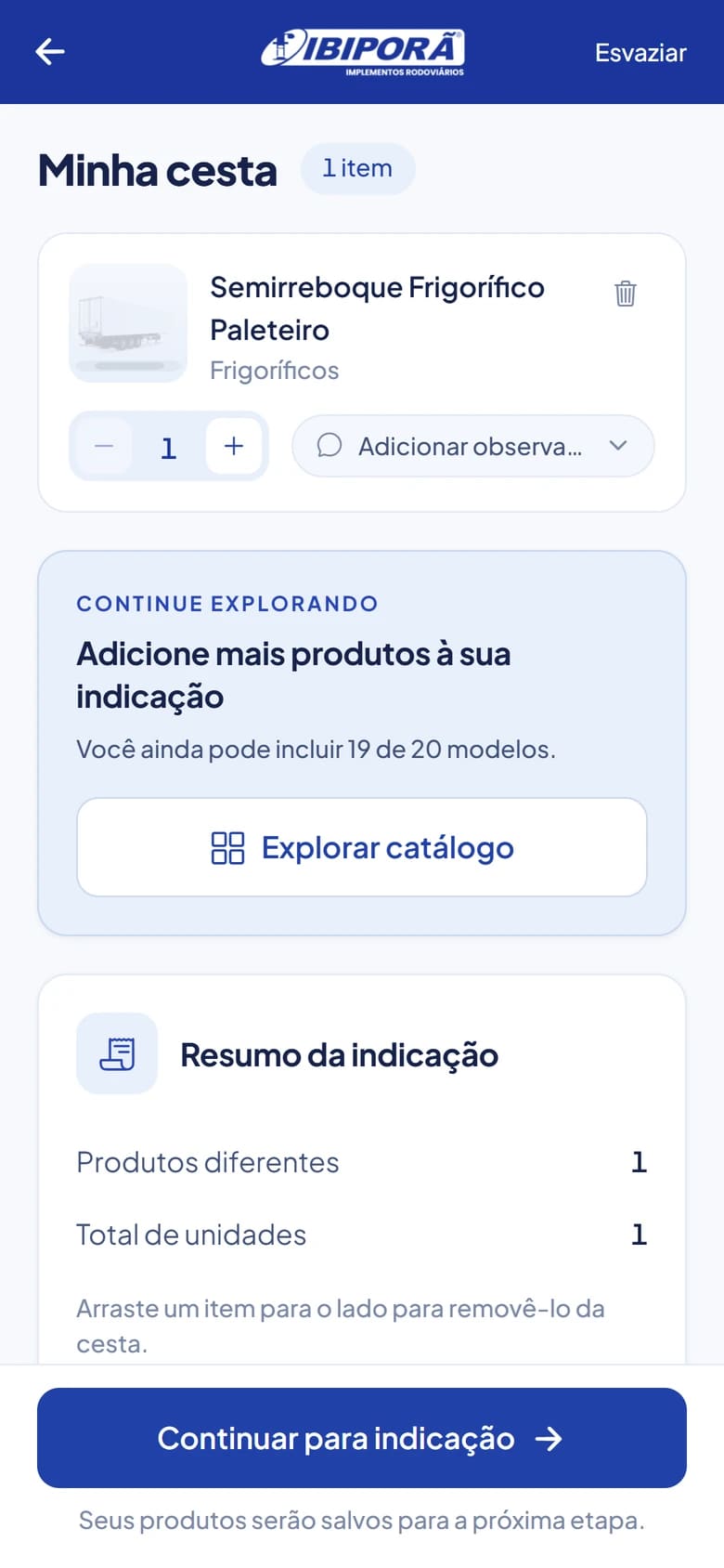 Cesta da indicação no aplicativo Ibiporã Indica, com dados de demonstração.