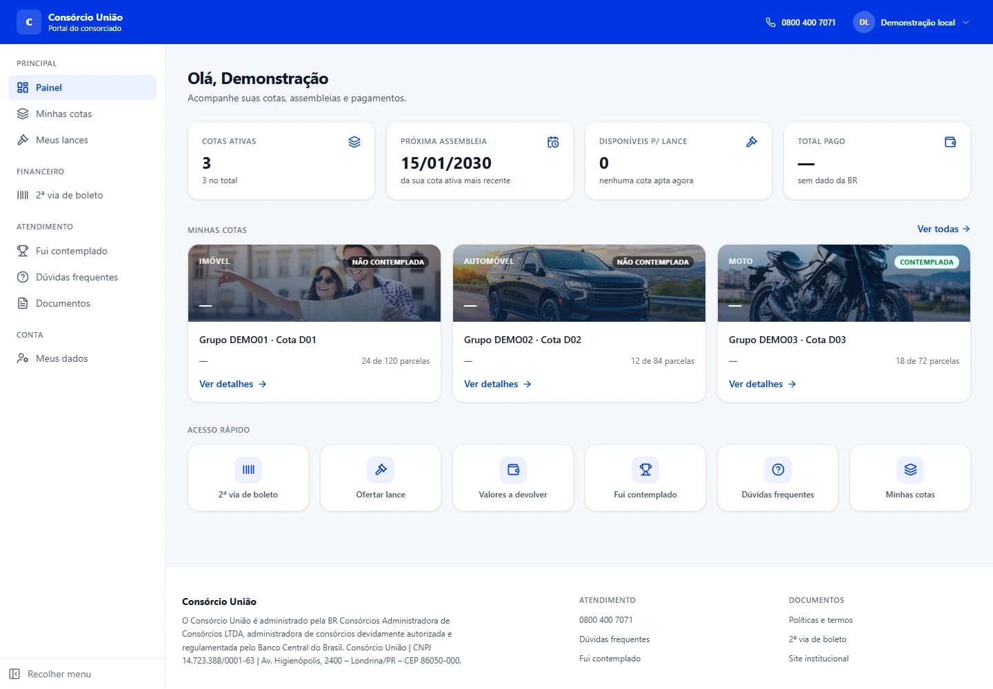 Painel original do WebApp com a identidade do Consórcio União e dados de demonstração.