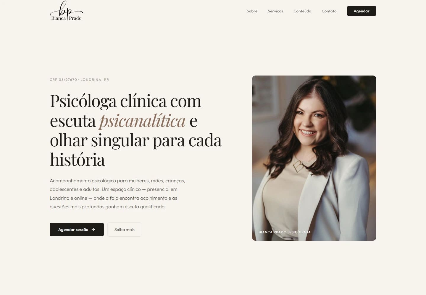 Captura real da Home de Bianca Prado no desktop.