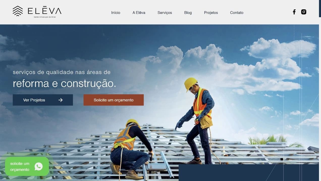 Captura real da Home de Elēva Obras no desktop.