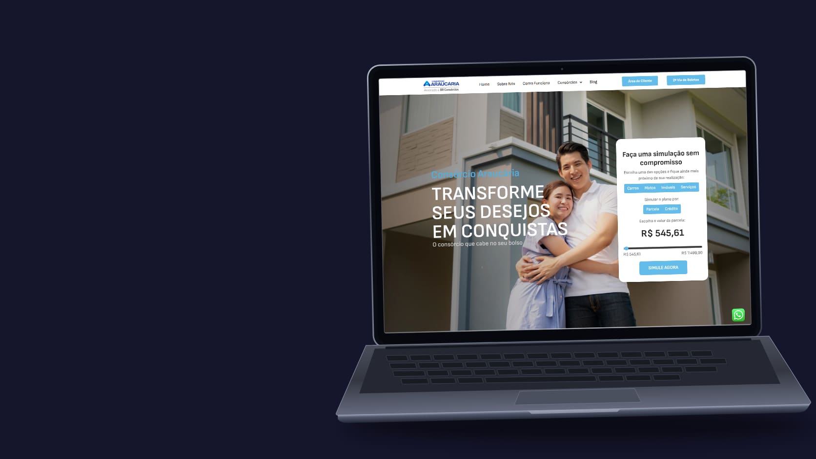 Notebook ilustrado com a captura real do site Consórcio Araucária.