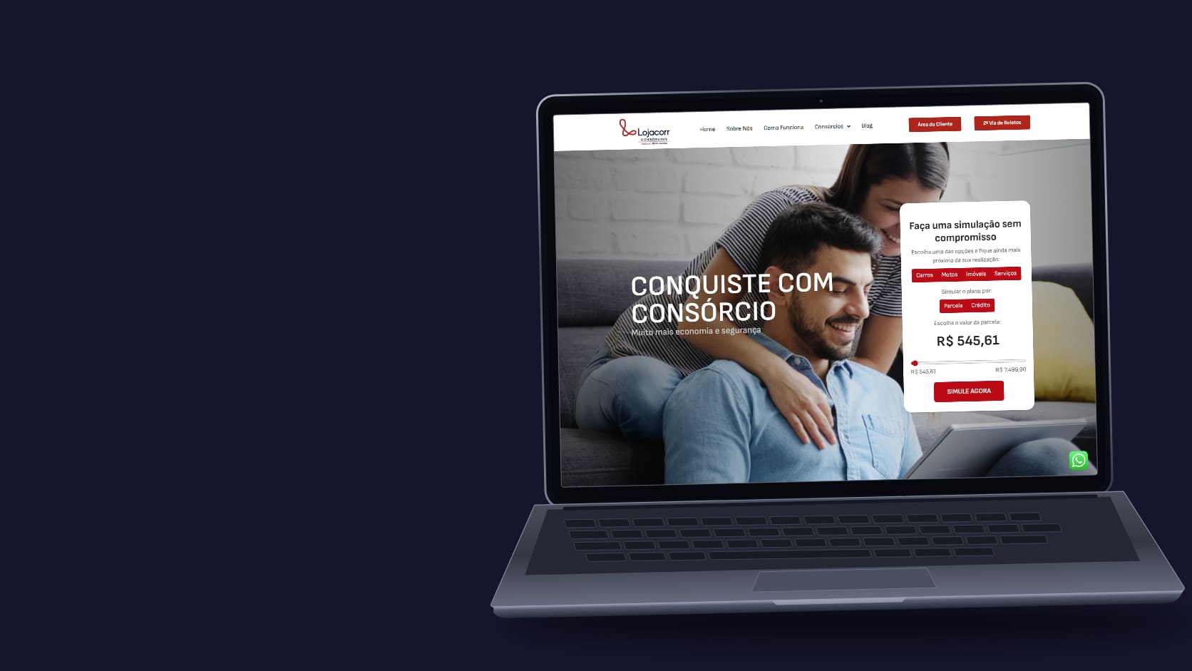 Notebook ilustrado com a captura real do site Rede Lojacorr Consórcios.